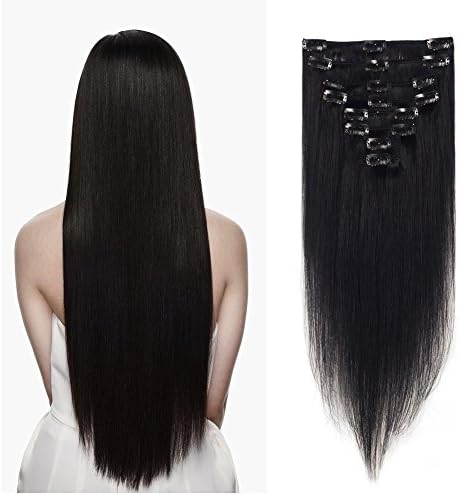 LFLIN Clip In Human Hair Extensions 100% Real Remy Jet Black Full Head Long Soft Silky Straight 8pcs 18clips For Women Beauty.