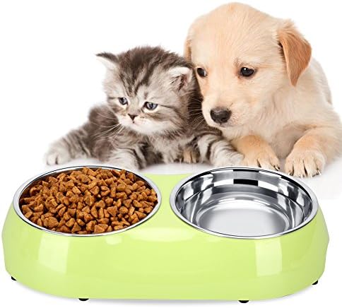Luase Pet Dog Bowl Food Water Dish Feeder Stainless Steel Feeder Pet Dog Double Bowls (Small, Green)