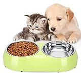 Luase Pet Dog Bowl Food Water Dish Feeder Stainless Steel Feeder Pet Dog Double Bowls(Medium, Green)