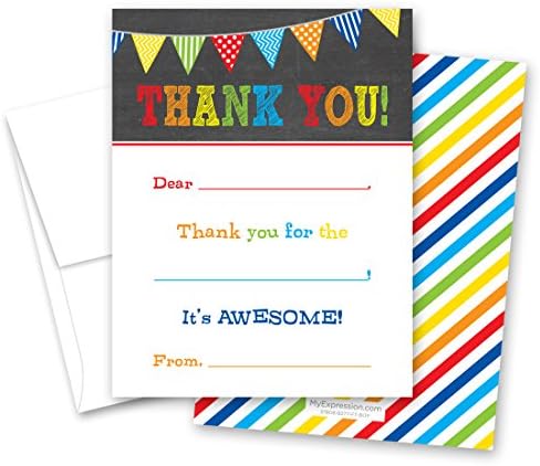 20 Boys Multicolored Banners Chalkboard Fill-in Thank You Cards