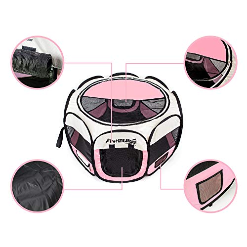 PET4FUN PN935 35" Portable Pet Puppy Dog Cat Animal Playpen Yard Crates Kennel w/Premium 600D Oxford Cloth, Tool-Free Setup, Carry Bag, Removable Security Mesh Cover/Shade, 2 Storage Pockets(Pink) - Thumbnail 3