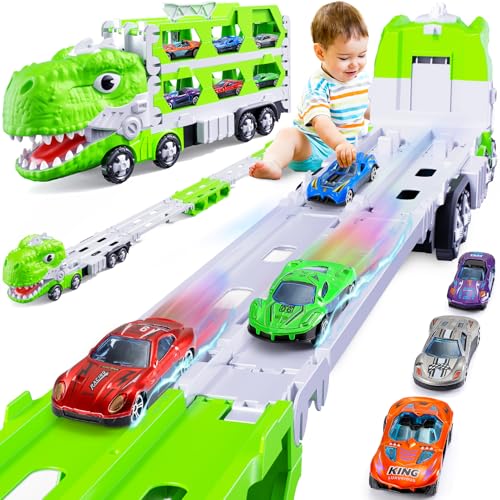 iKidiki Dinosaur Toy 2 3 4 5 Years Car Child Toy 2 3 4 5 Years Old Truck Gift Children 2 3 4 Years Old Toys Boy Girl 2-4 Years Old Truck Transport Dinosaur with 6 Mini