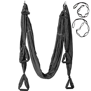 Anti-Gravity Aerial Yoga Hammock Swing – Six Handles Sling Pilates Set Kit Include Steel Carabiners Extension Straps No Ceiling Hanging Mount for Home & Gym Fitness