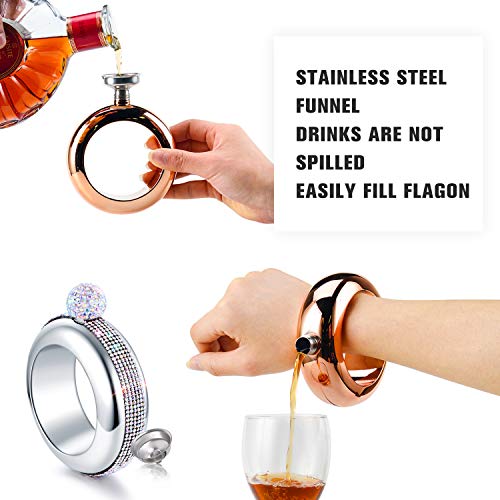 BOKIN Bracelet Bangle Flask 304 Stainless Steel with Handmade Crystal, Funnel in Gift Box for Women Girls Dance Birthday Party Club Bar, 3.5oz (Silver)