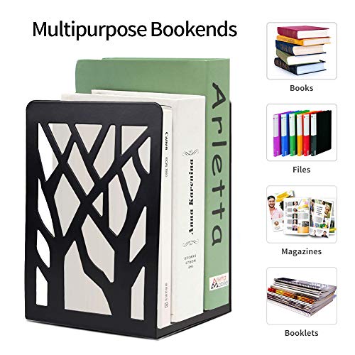 Bookends, Metal Book Ends, Decorative Bookend Supports Black Book Shelf Holder Non Skid Heavy Duty Book Stoppers 1 Pair, Book Stand for Shelves Bookshelf Office School Library with 1 Pen Holder