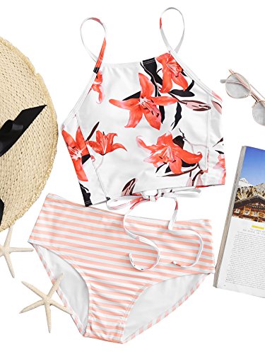 SOLYHUX Women's Floral Crop Top High Waist Padding 2PCS Bikini Set Swimsuit Multicolor L - Thumbnail 2