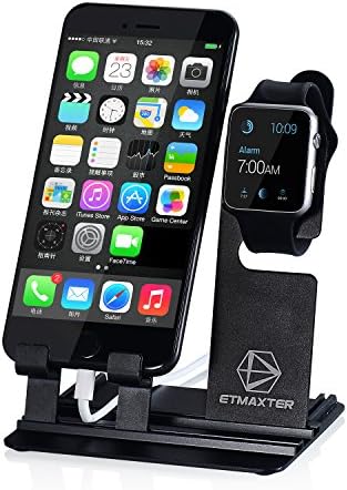 ETMaxter Universal Aluminium Apple Watch Charging Stand - 2 in 1 Cell Phone Dock,Best for Desktop,Bedroom and Office (Black)