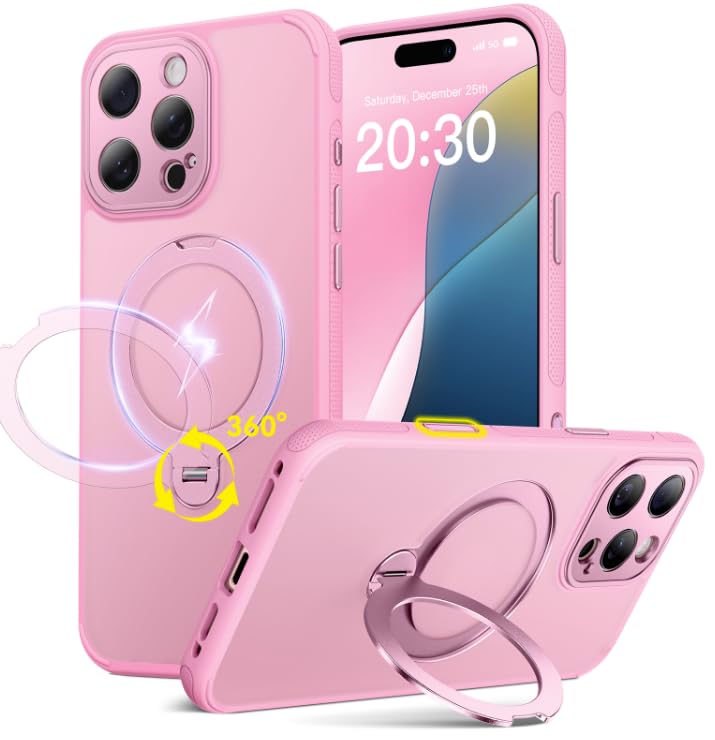 360° Spin Magnetic Stand for iPhone 16 Pro Case, Fit for MagSafe, All Around 4X Military-Grade Protection, Full Camera Protection, Anti-Slip Slim Phone Cover for iPhone 16 Pro 6.9", Chalk Pink