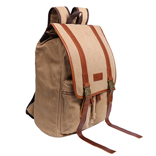 JINS&VICO Canvas Hiking Backpacks Rucksack Vintage Backpack Casual Double-shoulder Backpack for College School Travel Hiking (Khaki)