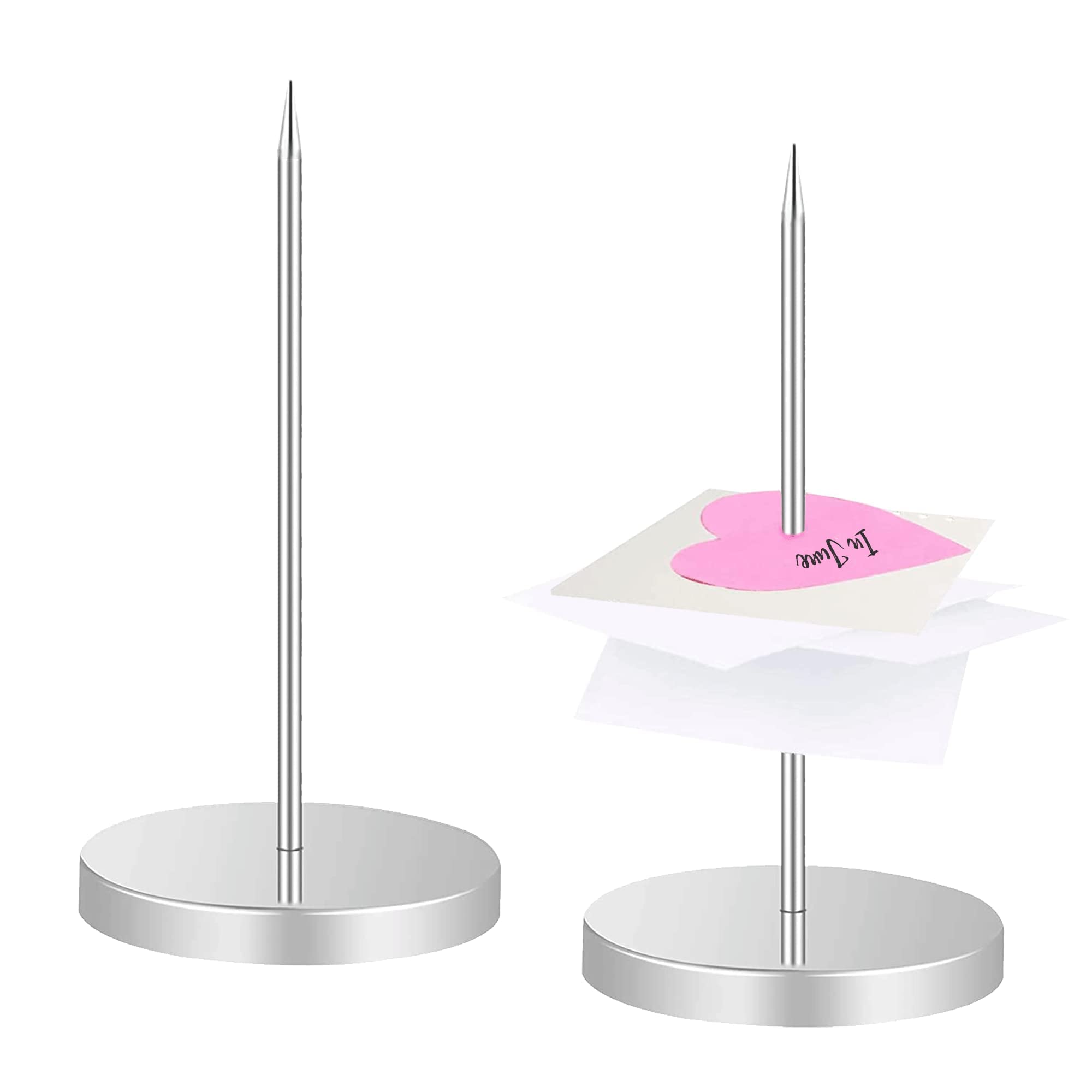 2 Pack Metal Receipt Spikes - Silver Paper Memo Holder, Straight Rod Bill Spike with Round Base, Safe & Durable, Ideal for Restaurant, Kitchen, Hotel, and Office