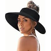 Sun Visor Hats for Women Wide Brim Straw Ponytail Summer Beach Hat UV UPF Packable Foldable Travel,Rolled Brim
