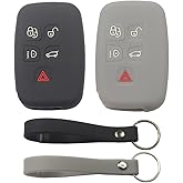 kcpros 2Pcs Rubber Silicone 5 Buttons Smart Key Fob Cover Case Protector Keyless with Keychain Compatible with Land Rover LR2 LR4 Discovery Range Rover Evoque Black Gray