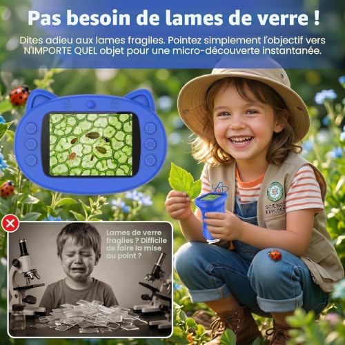 Microscope Enfant, Microscope Numérique Portable 1000X 4K avec Écran IPS 2,4", 8 LED, USB Rechargeable, Jouet Éducatif Scientifique STEM, Cadeau Anniversaire Fille Garçon 3-12 Ans, Bleu