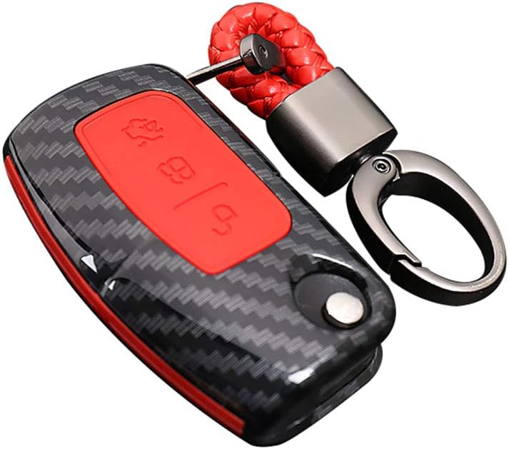 Happyit ABS Carbon Fiber Shell+Silicone Car Key Cover Case Keychain for Ford Focus Mondeo Edge Fiesta Kuga MK4 Fusion Escort Ecosport (D carbon fiber + red)