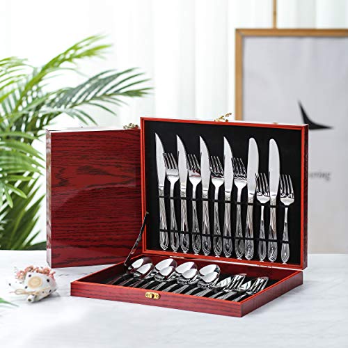 Avalon 24-Piece Silverware Set with Portable Storage Chest Box, High Grade 18/8 Stainless Steel Flatware Set, Service for 6, Mirror Polished Cutlery, Dishwasher Safe