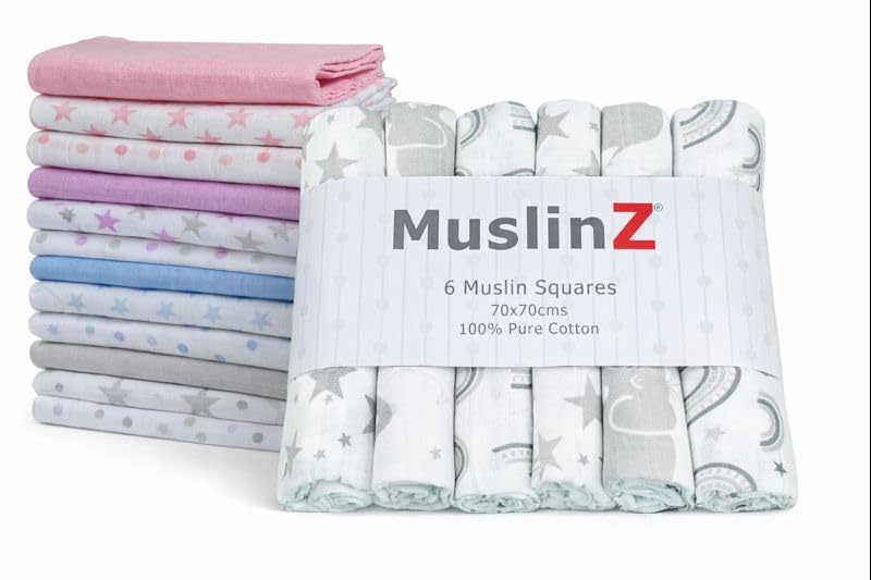 MuslinZ Muslin Cloths for Baby - Baby Burp Cloths - 6 Pack Muslin Squares - Large 70x70cm - Pure Cotton - Soft, Absorbent & Breathable - Multi Use Newborn Cloths - UK Brand (Grey Prints)