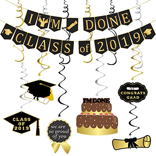 Graduation Hanging Decorations | Graduation Party Supplies 2019 | Graduation Decorations for College Grad, High School Prom Party Decor, I’m Done Class of 2019 Banner and Hanging Swirls Kit - Assembled, Large