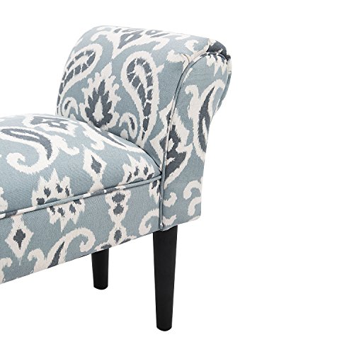 Small Linen Upholstered Ottoman Bench Rolled Arm End Chair, Wood Legs Blue Grey Paisley