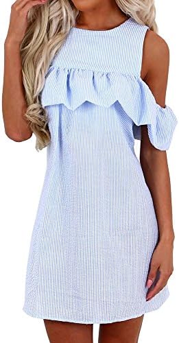 Palster Women Sweet Ruffle Solid Color Off Shoulder Tank Sundress, Large, Light Blue