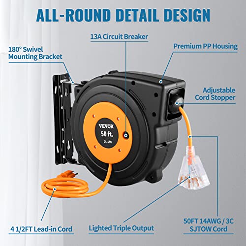 VEVOR Retractable Extension Cord Reel 50 FT Heavy Duty 14AWG/3C SJTOW