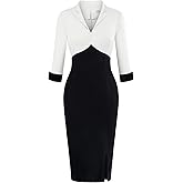 MUXXN Women's Vintage 3/4 Sleeve V Neck Midi Colorblock Business Formal Work Bodycon Pencil Dresses