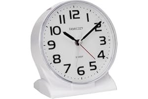 FAMICOZY 4.5" No Ticking Analog Alarm Clock,Silent Readable for Seniors,Easy to Set,Gradual Rise Alarm,Big Numbers,On/Off Switch on Side,Gentle Wake,Snooze Soft Backlight,Battery Operated,White