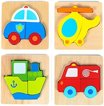 Vehicle Mini Chunky Wooden Puzzle Bundle Pack (Set of 4) for Toddlers, Preschool Age Kids w/ "Easy-Hold" Colorful Solid Wood Pieces. Fire Truck, Police Car, Boat &amp; Helicopter Included