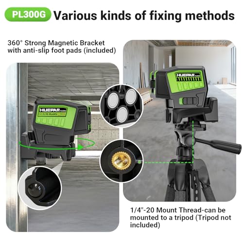 Huepar 3 Point Laser Level, Self Leveling Plumb Dot Laser with Magnetic Base, 98-165Ft Green Laser Alignment Tool for Framing, Electrical & DIY – PL300G
