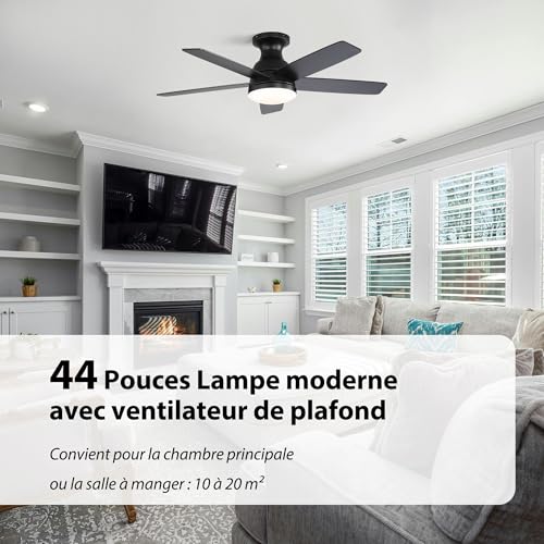 OZENAOS Ceiling Fan with Light, 112 cm (44 Inches), Silent DC Motor, Remote Control, 6 Speed, Timer, 3 Colours of Dimmable, Black, for Living Room, Bedroom