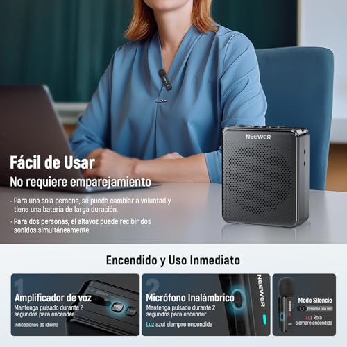 NEEWER VA02 Amplificador de Voz con micrófono inalámbrico, Mini USB C portátil, Recargable con cancelación de Ruido, megáfono y micrófono, Juego de 10 Horas, Rango de 15 m para Profesores y guías