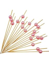 PuTwo Cocktail Toothpicks 100 Counts Cocktail Picks Handmade Natural Bamboo Cocktail Sticks Eco-Friendly Appetizer Skewers for Cocktail Appetizers Fruits Dessert - Pink Pearls