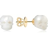 Dainty Skull Pearl Stud Earrings, Hand-Carved Freshwater Pearl Skull, 925 Sterling Silver (14K Gold Plated), Gothic Punk Minimalist Studs, Gift for Women Men