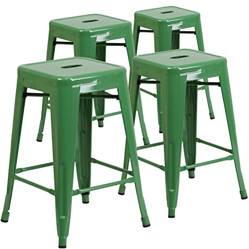 Flash Furniture Backless Metal Indoor/Outdoor Stool with Square Seat ,
24", Green (Pack of 4)