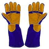 Welding Gloves Lined Leather Extreme Heat Resistant Double Insulation For Mig, Tig Welders, BBQ, Gardening, Camping, Stove, Fireplace and More - 16 in, Blue