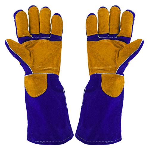 Welding Gloves Lined Leather Extreme Heat Resistant Double Insulation For Mig, Tig Welders, BBQ, Gardening, Camping, Stove, Fireplace and More - 16 in, Blue