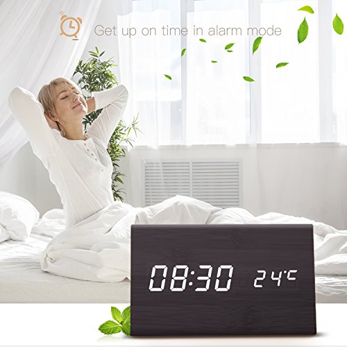 LED Desk & Shelf Wooden Alarm Clock Temperature Display, Specialty Digital Clocks Thermometer Weather Monitor Clocks Children's Night Lights Nursery Clocks for Travel Home Decor - Thumbnail 4