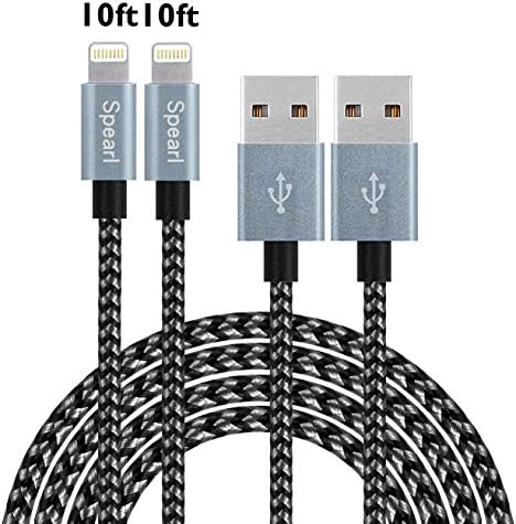 Spearl 2Pcs 3M/10FT Extra Long Nylon Braided Charging Cable Cord 8-Pin Lightning to USB Cable Charger Compatible with iPhone 7/ 7 Plus/6/6s/6 plus/6s plus, iPhone 5/5s/5c,iPad, iPod(Black+Gray)
