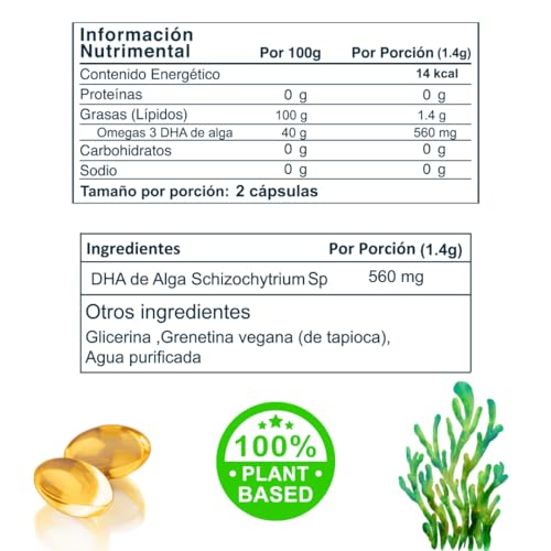 120 cápsulas Omega-3 de Alga Plantceutics - 560 mg Omega-3 MUY ALTA en DHA - Aceite de alga certificado - 100% Vegano - Envase 100% biodegradables