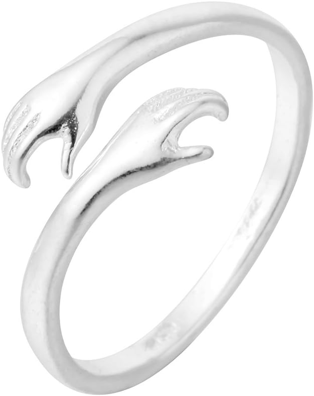 ChengxunAttractive Double Hand Hug to You Finger Rings 925 Silver Jewelry for Women Men Open Adjustable