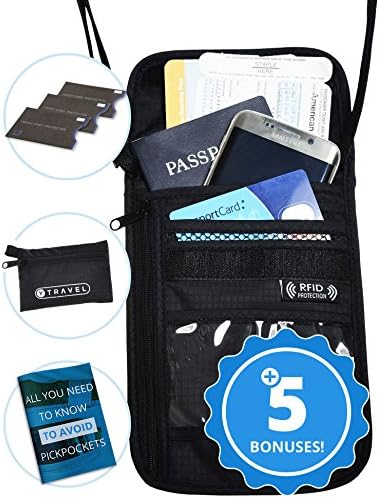 Travel wallet, RFID Blocking Neck Passport holder, Security Lightweight Stash Pouch, w/ 5 FREE BONUSES