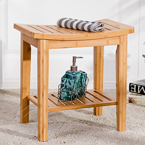 Giantex 18'' Bamboo Shower Bench Seat w/ Storage Shelf Bathroom Seat Spa Bath Organizer Stool Perfect for Indoor Outdoor - Thumbnail 2