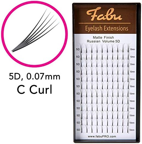 Professional Premade Fans for Lash Extensions – Handmade Russian Volume Lash Fan Tray – Natural Look, Cruelty-Free Mink Lashes for False Eyelash Extension Kit by Fabu, Matte Black, 5D 0.07 C-curl 10mm