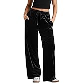 Herseas Women's Black Casual Lounge Pant Drawstring Waist Loose Straight Wide Leg Palazzo Pants Velvet Pants Small