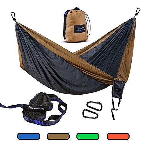 Geezo Double Camping Hammock, Lightweight Portable Parachute (2 Tree Straps 16 LOOPS/10 FT Included) 500lbs Capacity Hammock for Backpacking, Camping, Travel, Beach, Garden (Black/Grey) - Thumbnail 7