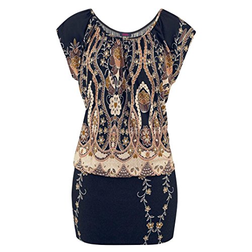 Staron Women Long Tops Short Sleeve Loose Retro Print O-Neck Beach Tunic Shirt Dress (M, Black❤️) - Thumbnail 3