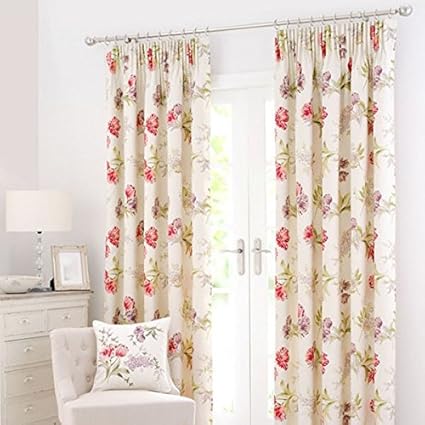 Dunelm Mill Red Tulip Pencil Pleat Printed Curtains Fully Lined
