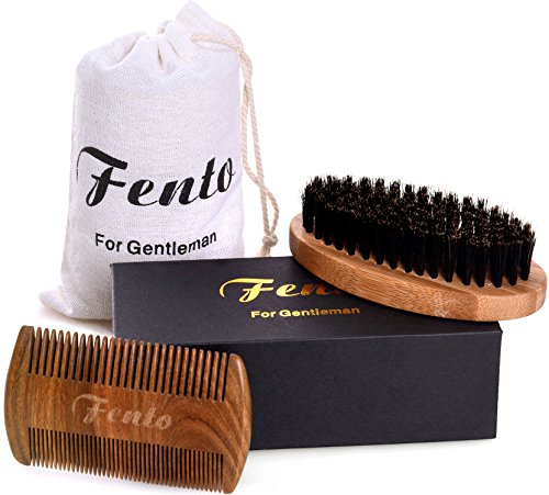 Fento Boar Bristle Beard Brush and Beard Comb Set - For Men Beard and Mustache, Thick & Thin Teeth Sandal Wood Comb, With Gift Box and Carrying Bag