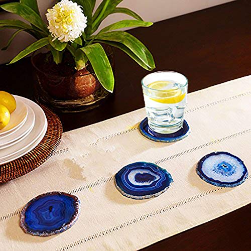 JIC Gem Natural Sliced Dyed Agate Coaster Blue with Rubber Bumper Set of 4 Polished Beverage Coasters Home Decoration 3-3.5"