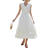 EVAZOU Women's White Cotton Boho Embroidered Eyelet Midi Dress, Sailor Collar Sleeveless Summer Casual Beach Vacation Dress