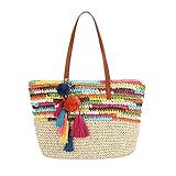 Daisy Rose Large Straw Beach Tote Bag with Pom Poms and Inner Pouch -Vegan Leather Handles, Bright Multi Color